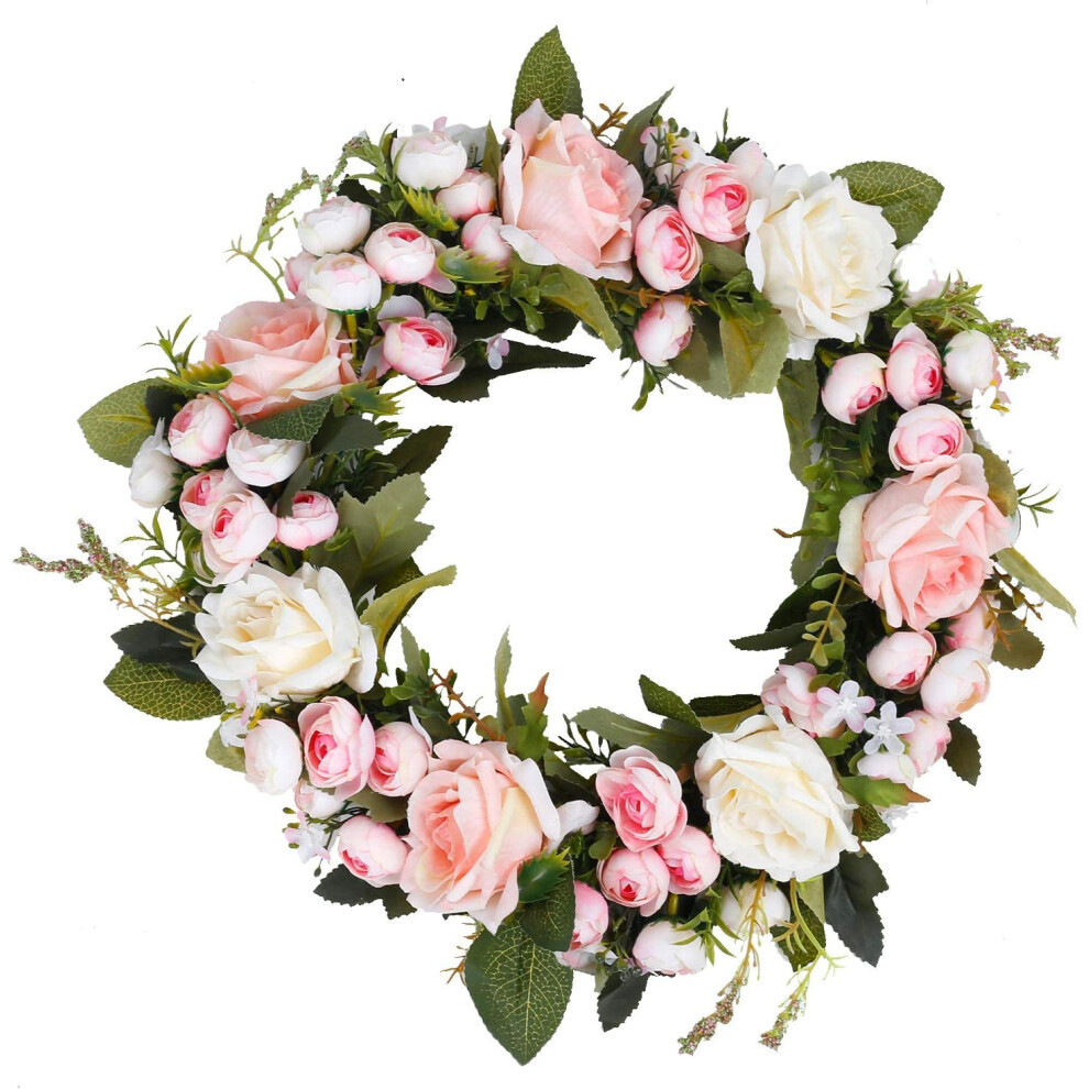 Spring Door Wreath Artificial Silk Pink Rose Wreath for Front Door, Wedding, Garden, Fireplace, Indoor or Outdoor