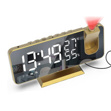 180 Rotatable Projection Digital Alarm Clock for Bedroom, Office, Radio Clock (Gold)