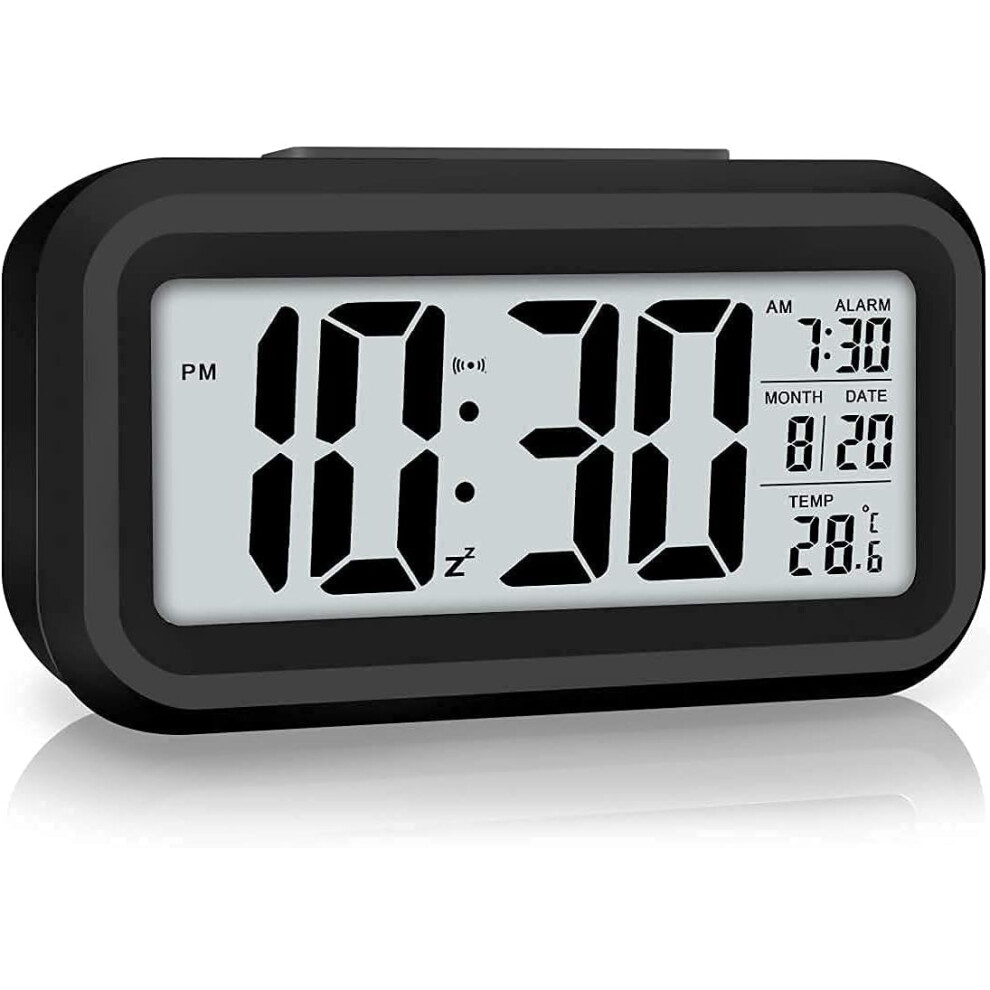 Digital Alarm Clock, LED Digital Clock with Temperature Display, Portable Mirror Alarm with 2 Alarms, Battery Operated, Light Control