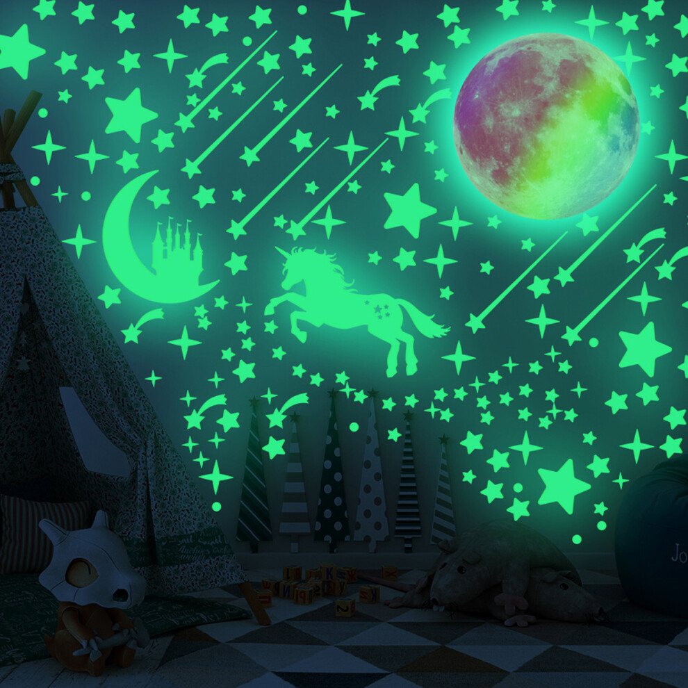 296Pcs Glow In The Stars Stickers And 1Pc Glowing Colorful Moon, Luminous Fluorescent Castle Wall Decor Sticker For Home Ceiling Baby Kids Nurse Dark