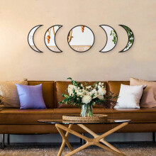 Scandinavian Natural Decor, Glass Moon Phase Mirror, Interior Design Wood Moon Phase Mirror Bohemian Wall Decoration for Room (Black)