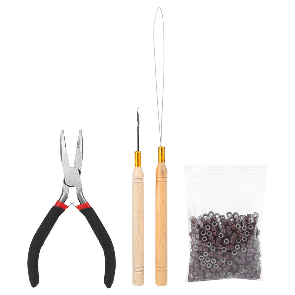 Unisex Brown Hair Extension Kit: Needle, Hook, Pliers, 500Pcs Micro Rings