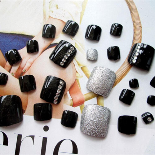 24Pcs Black Glitter Rhinestone Toe Nails & Glue