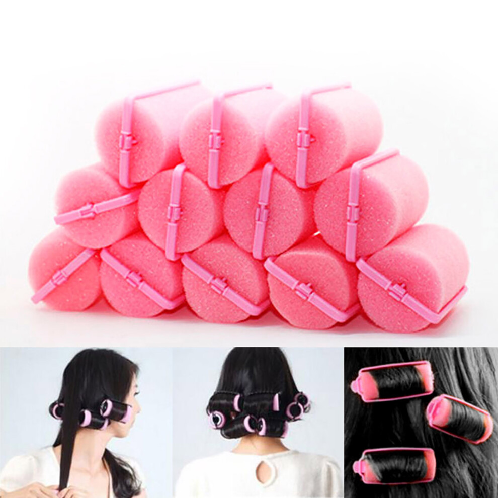 Pink 12Pcs Magic Sponge Hair Styling Rollers Curlers Twist Tool Salon