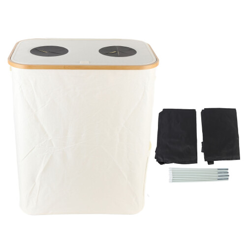 (Beige) Foldable Recycling Bin with Double Inner Bag Lid for Bottle Jar Beige