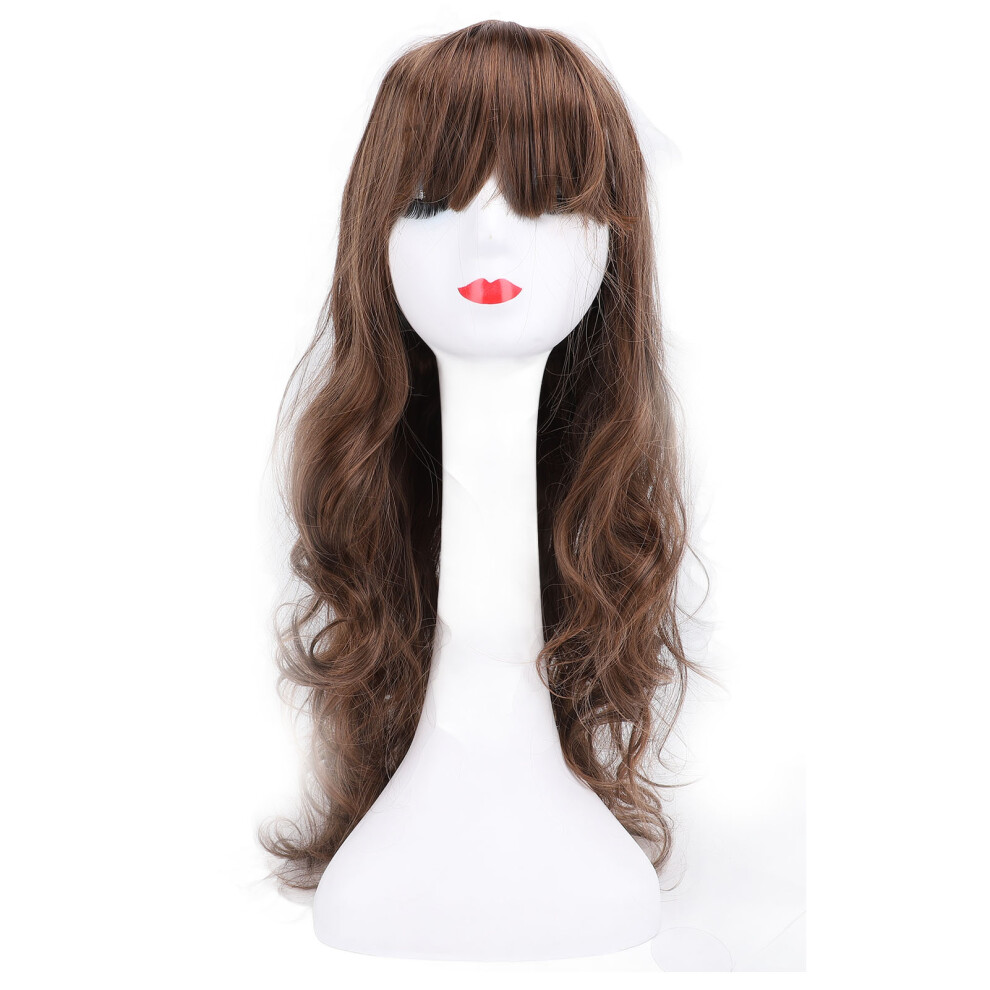 Unisex Brown Long Curly Wig Heat Friendly Fluffy Wavy Bangs Light