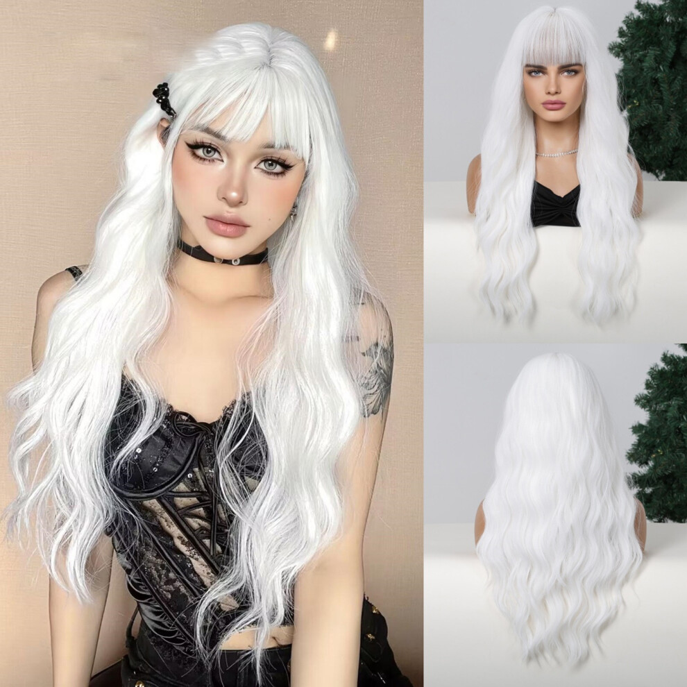 Unisex White 27 Inch Curly Wig With Bangs Heat Resistant Synthetic