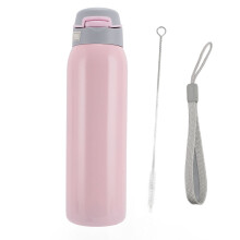 (Pink) Isolierte Edelstahl-Wasserflasche mit Kugelstrohblau