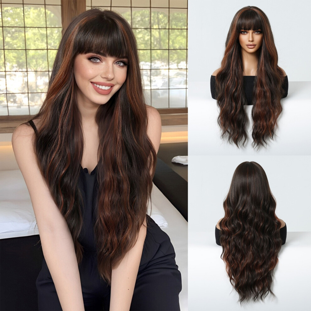 Unisex Brown 27-Inch Dark Curly Wig With Bang Heat Resistant Synthetic