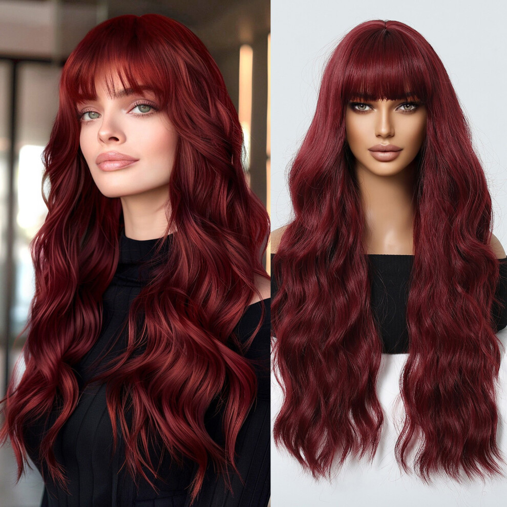 Unisex Red 27-Inch Wine Curly Wig For Women Bang Heat Resistant Synthetic