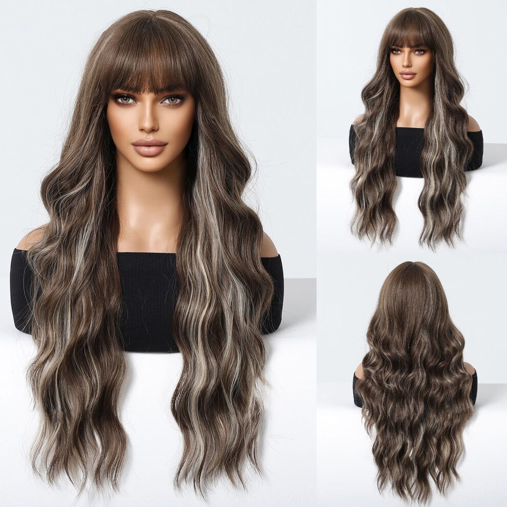 Unisex Brown 27-Inch Mixed Curly Wig For Women Bang Heat Resistant Synthetic