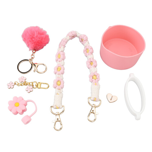 (Pink) Cup Straw Cap Flower Keychain Plush Ball Pink