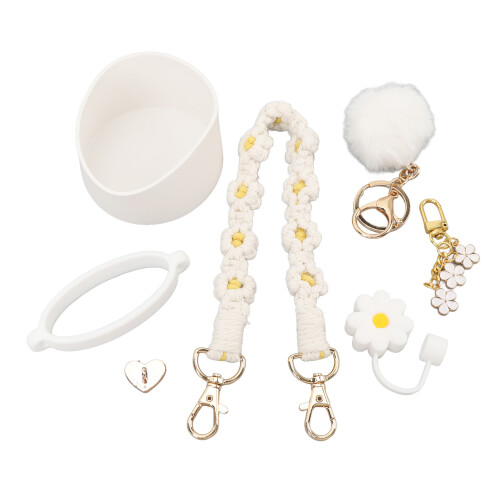 (White) Cup Straw Cap Flower Keychain Plush Ball Pink 2