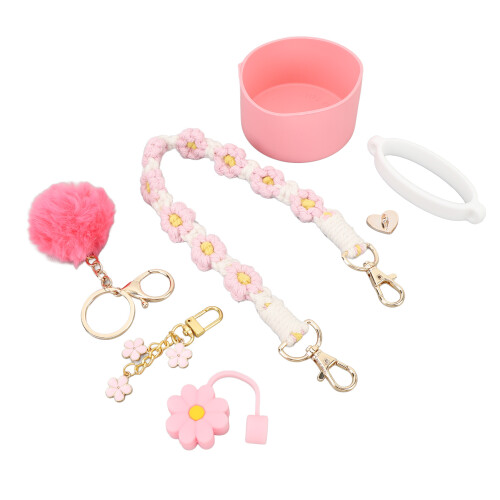 (Pink) Cup Straw Cap Flower Keychain Plush Ball Pink 1