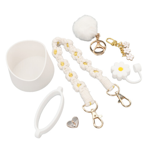 (White) Cup Straw Cap Flower Keychain Plush Ball Pink 1
