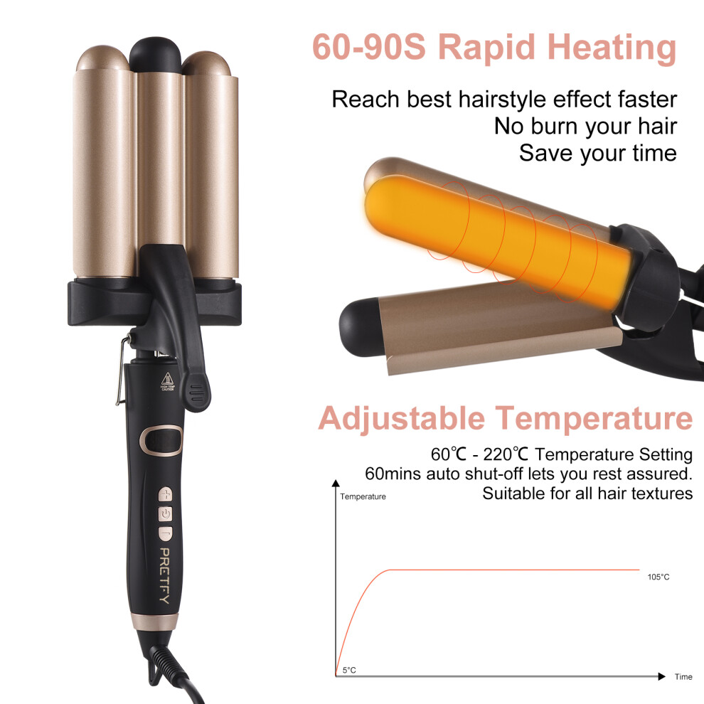 3-Barrel Curling Iron 32mm Temp Adjustable LCD Display Hair Styler