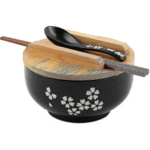 Ramen Bowl Set, Japanese Noodle Bowls with Lid and Spoon, Large Ceramic Soup Bowl, Hand Drawn Black Rice Bowl, Retro Style