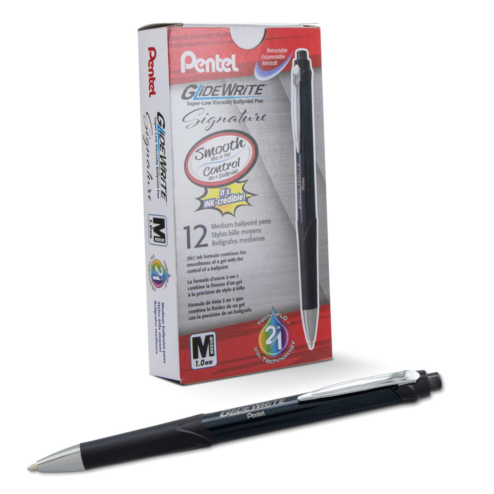 Pentel Glidewrite Signature Ballpoint Pen Black Barrel (1.0Mm) Medium Line Black Ink 12 Pens (Bx930a-A)
