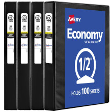 Avery Economy View 3 raccoglitori ad anelli da 0,5"""" ad anelli rotondi, capacit? di 100 fogli, nero, confezione da 4 (17701)