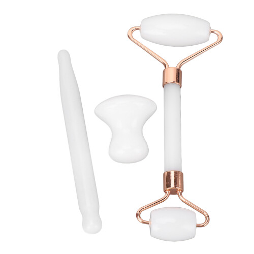(White) 3x Witte Gua Sha & Jade Roller Set 2