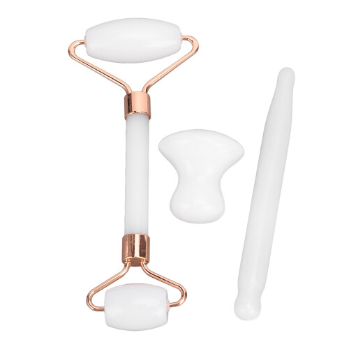 (White) 3x Witte Gua Sha & Jade Roller Set 1