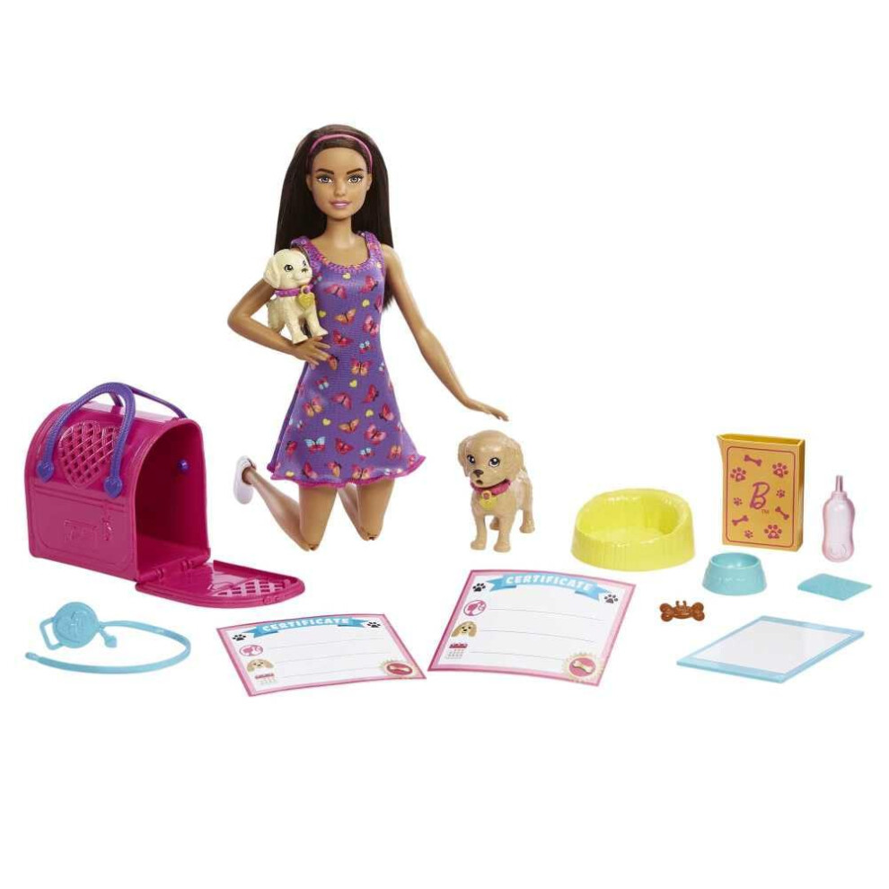 Barbie Doll And Accessories Pup Adoption Playset With Brunette Doll In Purple, 2 Puppies, Color-Change Animal And Pee Pad, Working Carrier And 10 Pieces,