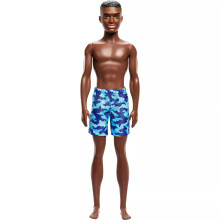 Poupe Barbie Beach Ken aux cheveux bruns et aux yeux bruns portant un maillot de bain bleu