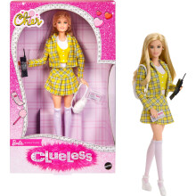 Barbie Signature Doll Clueless Cher collectionner en costume carreaux jaune avec sac dos, tlphone portable et accessoires de permis d'app