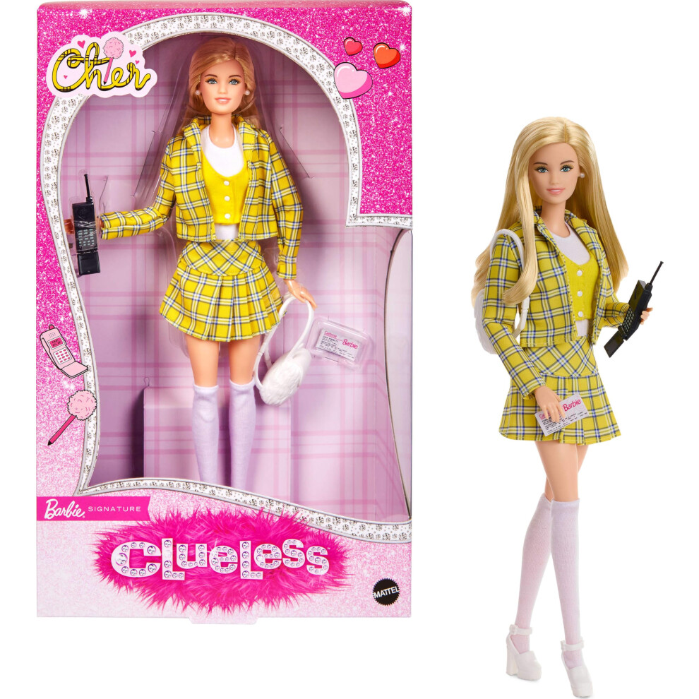 Barbie Signature Doll Clueless Cher Collectible In Plaid Suit With Backpack Cell Phone & Learners Permit Accessories Yellow