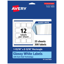 Etichette Avery rettangolari bianche lucide con alimentazione sicura 1-13/16"" x 2-3/16"""" 300 etichette bianche lucide Stampa fino al bordo Etiche