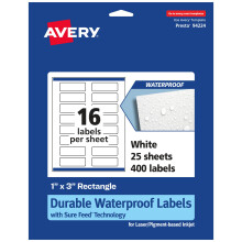Etichette Avery rettangolari impermeabili e durevoli - Sure Feed 1"" x 3"""" 400 resistente all'olio e agli strappi Stampa fino ai bordi Stampabile