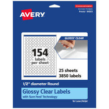 Etichette Avery trasparenti rotonde lucide con alimentazione sicura Diametro 0,5"" 3.850 Etichette trasparenti lucide Etichette stampabili a getto