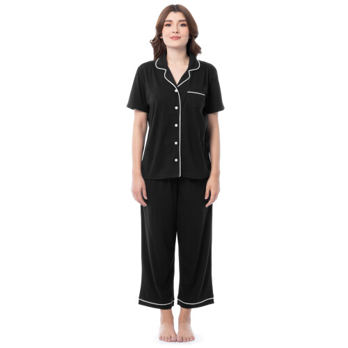Fruit Of The Loom Fruit of the Loom Dames Piped Button Down Pyjama Set, Zwart