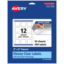 Etichette quadrate trasparenti lucide Avery con alimentazione sicura 600 etichette trasparenti lucide da 2"" x 2"" Etichette stampabili a getto d'i