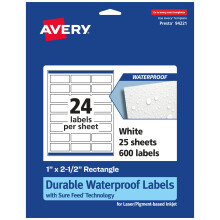 Avery Etichette rettangolari impermeabili durevoli con alimentazione sicura 1"" x 2,5"" 600 Etichette impermeabili resistenti all'olio e allo strap
