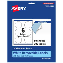 Etichette rotonde rimovibili Avery bianco opaco con tecnologia Sure Feed Stampa fino al bordo 3"" diametro 300 Etichette rimovibili Etichette stam