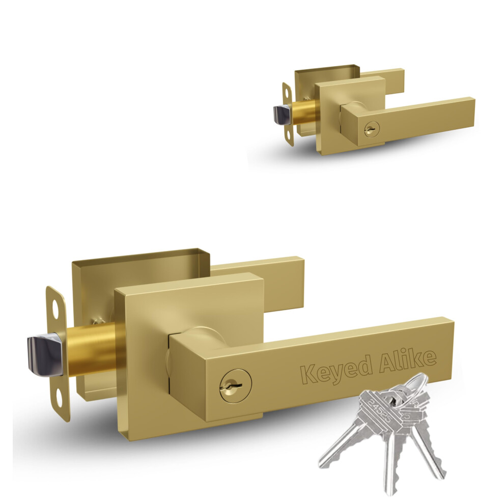 Mega Handles Robell Entry Lever Door Handle And Single Cylinder Deadbolt Lock And Key Combo Pack Heavy Duty Square Locking Door Levers Set - Satin 652569233056