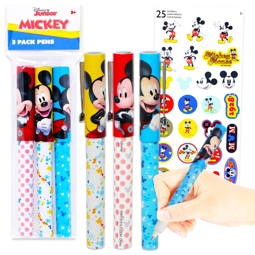 Disney Mickey Mouse Pen Set - Bundle With 3 Mickey Mouse Ballpoint Pens Gift Set For Kids Adults Plus Stickers More | Mickey Mouse Gift Set For Offi