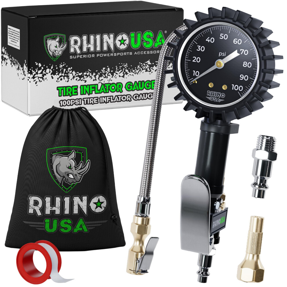 Rhino Usa Tire Inflator With Pressure Gauge (0-100 Psi) - Ansi B40.1 Accurate Large 2"""" Easy Read Glow Dial Premium Braided Hose Solid Brass Hardw 712038636341