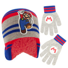 Nintendo Boys Zestaw zimowych czapek i rękawiczek dziecięcych Super Mario Beanie dla dzieci w wieku 4-7 lat SZARY/NIEBIESKI z polarem