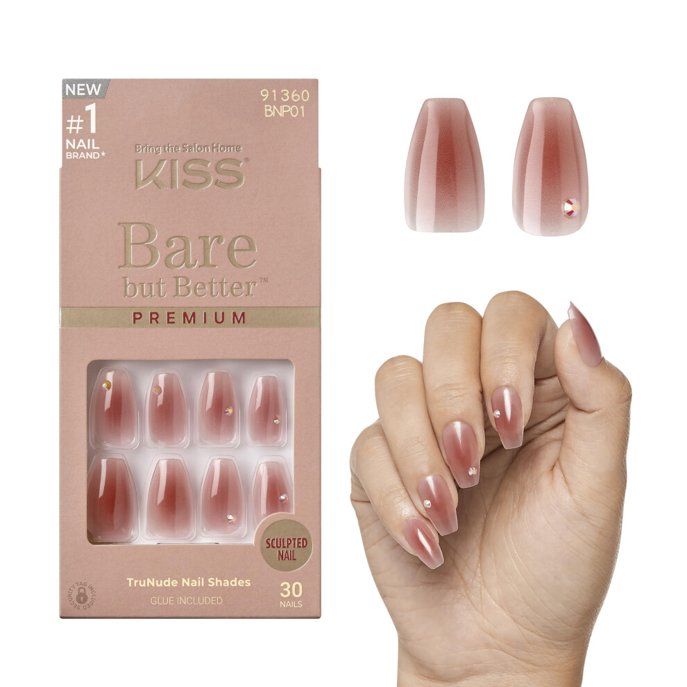 Kiss Pink Bare But Better Press-On Nails Nail Glue Included 'Shine' Dark Medium Size Coffin Shape Includes 30 Nails 2G Glue 1 Manicure Stick
