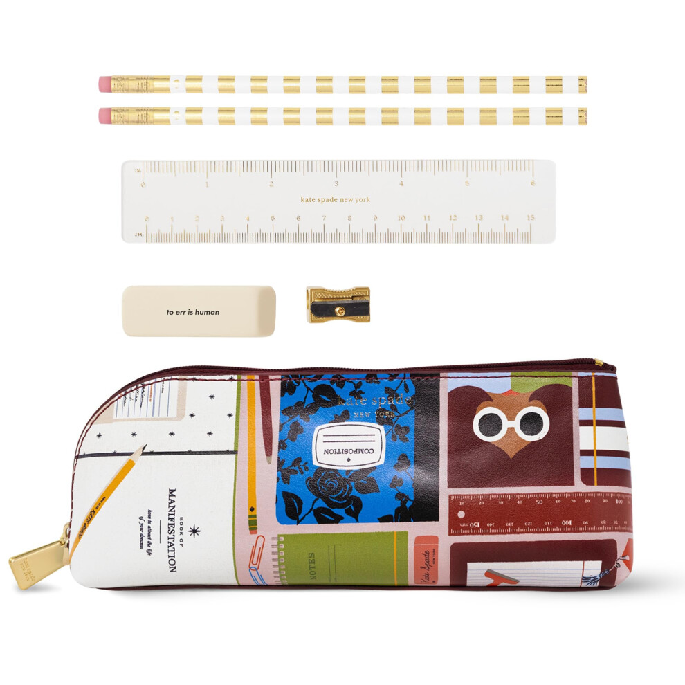 kate spade new york Pen and Pencil Case with Office Supplies Zip Pouch Includes Pencil Sharpener Eraser Ruler and 2 Wooden Pencils (Book Club)-image-OPC-PMHHFHK-NEW