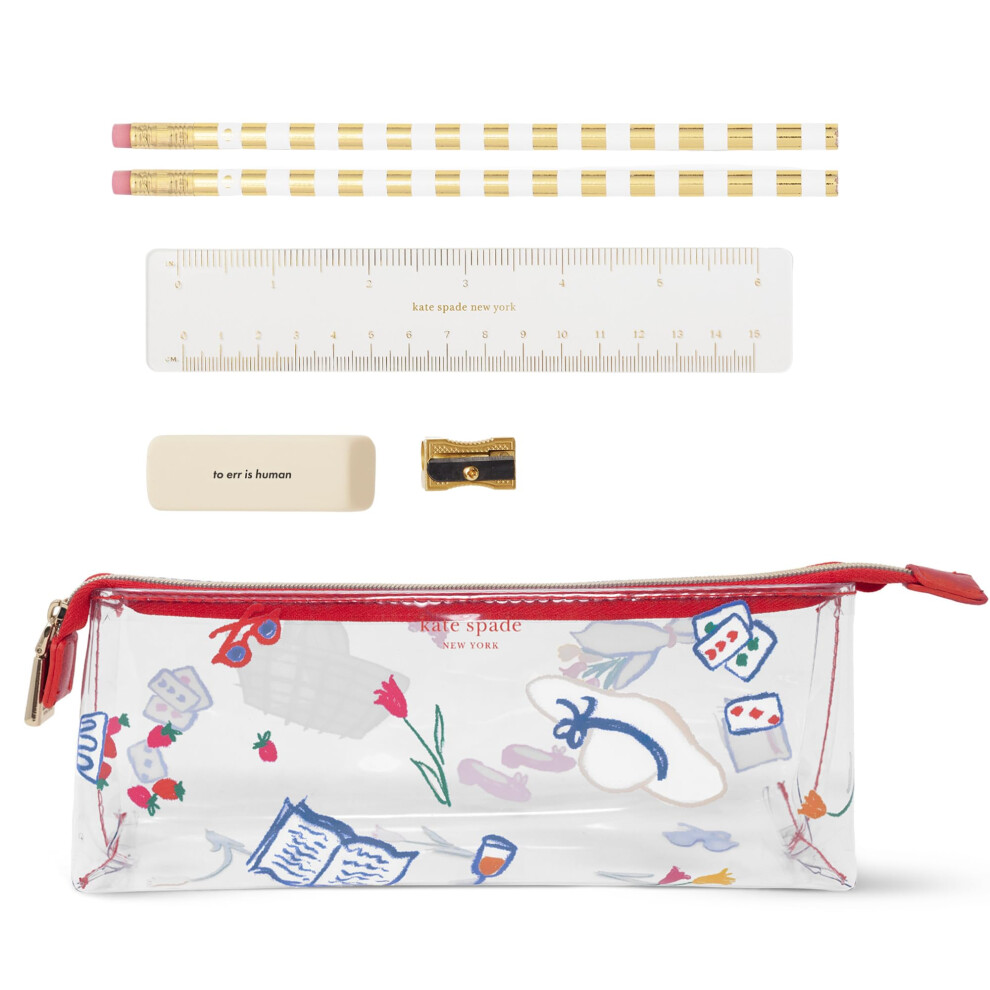 kate spade new york Clear Pen and Pencil Case for Women Cute Work Stationery PVC Zip Pouch Includes 2 Pencils Sharpener Eraser and Ruler (Park P-image-OPC-PMHHFHN-NEW