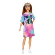 Barbie Fashionistas Puppe, Petite, mit braunen Haaren im Batik-T-Shirt-Kleid, weißen Schuhen & Visier, Spielzeug für Kinder 3 bis 8 Jahre