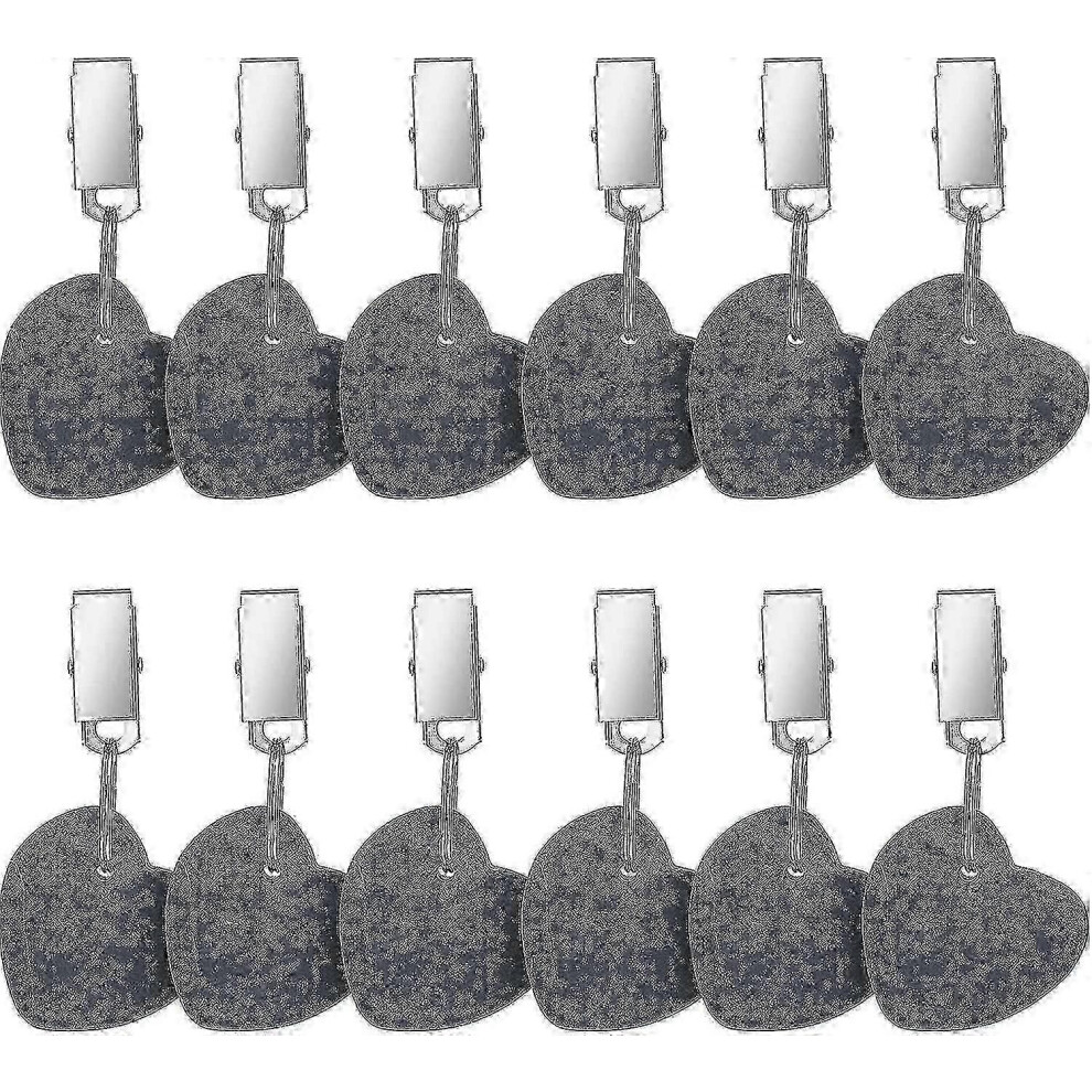 Set Of 12 Natural Stone Heart Shaped Tablecloth Weights With Stainless Steel Clip (Grey) Grey