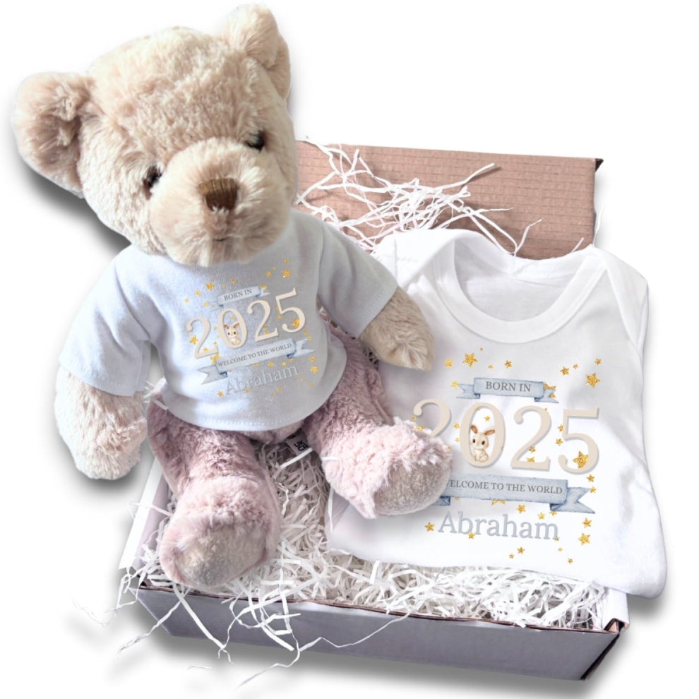 Aye Do Gifts Personalised Welcome To The World 2025 Gift Hamper - Teddy & Baby Vest