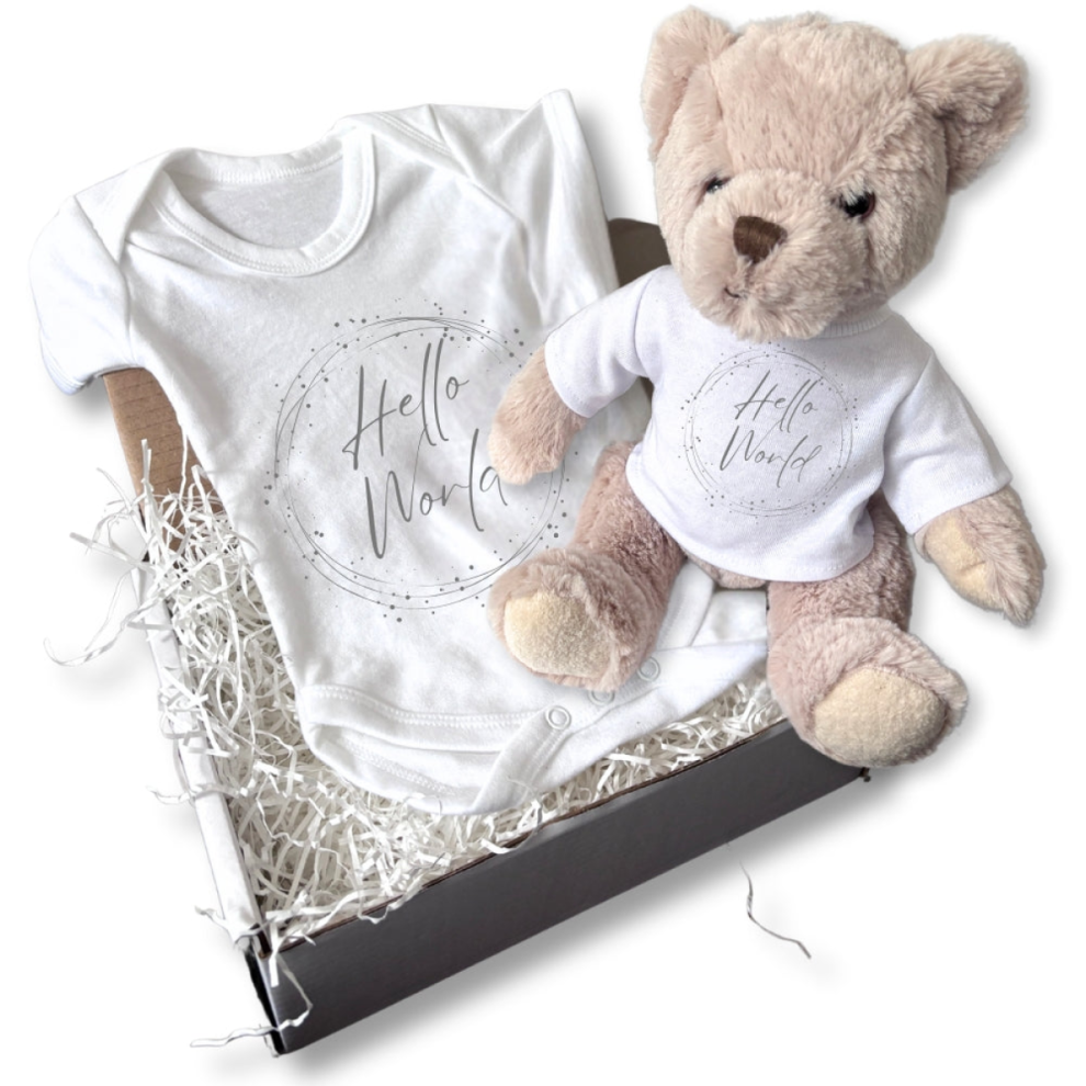 Aye Do Gifts Personalised Hello World Silver Circle Gift Hamper - Teddy & Baby Vest