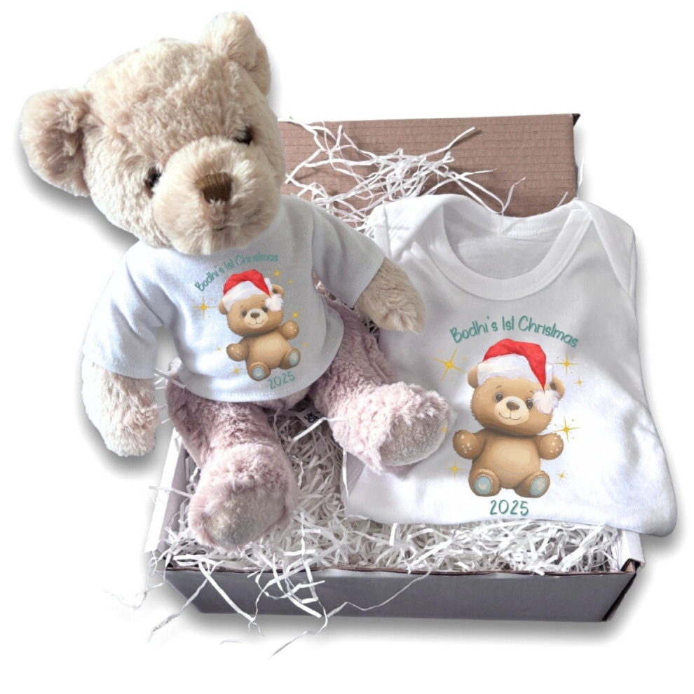 Aye Do Gifts Personalised Happy 1St Christmas Teddy Gift Hamper - Teddy & Baby Vest