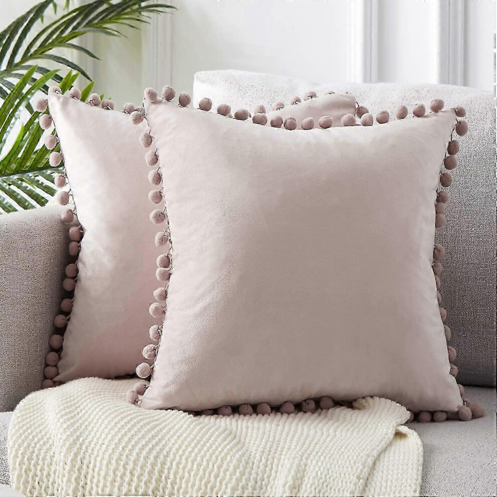 Kikidex (As Show, One Size) Set Of 2 Pom Pom Velvet Cushions Solid Color Pillow Shams Decorative Pillows Cushions Seat Cushions 45X45cm