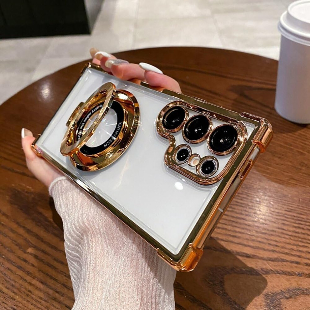 Four Corners Anti Drop Transparent Electroplated Magnetic Stand Protective Case For Galaxy S25 S24 S23 S22 Ultra Plus Fe S25plus Gold 9105992806300